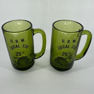 Vintage U.R.W. Local 336 25th Anniversary Green Glass Beer Mugs 1971 Pair